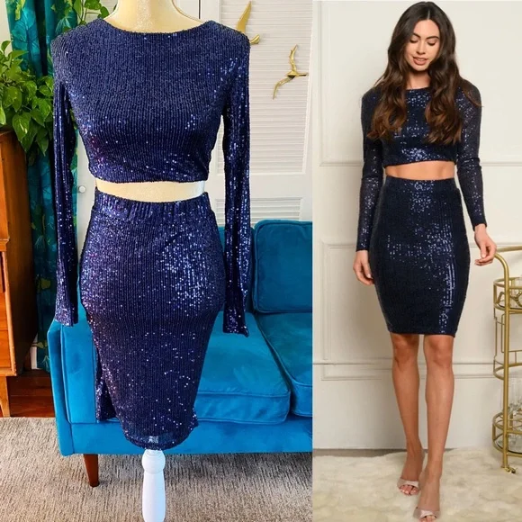 Salty Sophia Sequin 2 Piece Matching Dress Set Midnight Navy Blue NYE New Medium - Picture 2 of 13